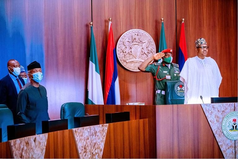 President Muhammadu Buhari and Vice President Yemi Osinbajo attend the National Security Council meeting northeast