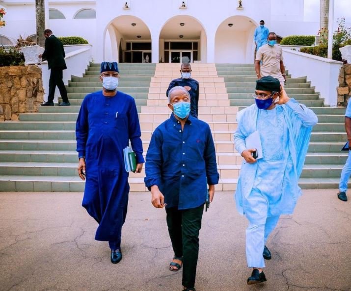 SGF, Boss Mustapha, Vice President Yemi Osinbajo and Speaker Femi Gbajabiamila at Aguda House on Sunday labour