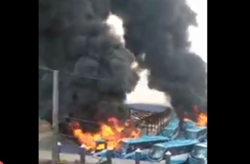 BRT buses burnt at the Oyinbo terminal in Lagos, Nigeria