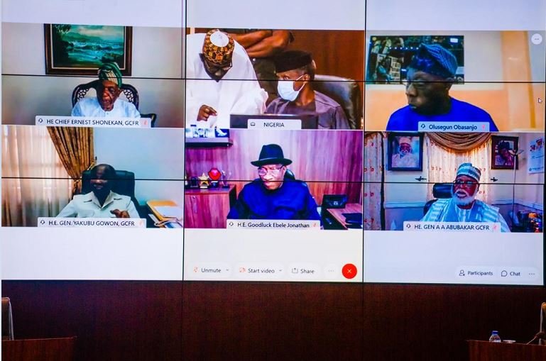 Vice President Yemi Osinbajo attends a virtual meeting with former Heads of State presided over by President Buhari at the Council Chambers in the State House, Abuja