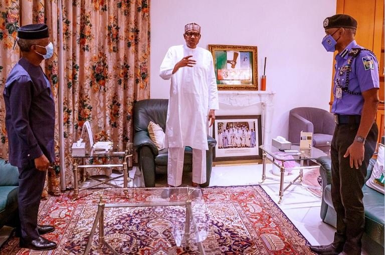 President Muhammadu Buhari, Vice President Yemi Osinbajo and IG of Police, Mohammed Adamu during a meeting at the Aso Villa