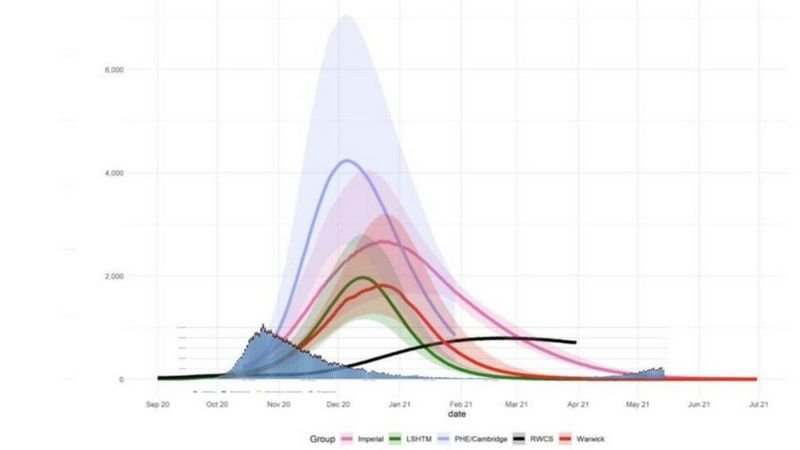 This key document shows several UK daily death projections by different modellers, compared with the first wave. The black line represents the government's predicted reasonable worst-case scenario UK lockdown