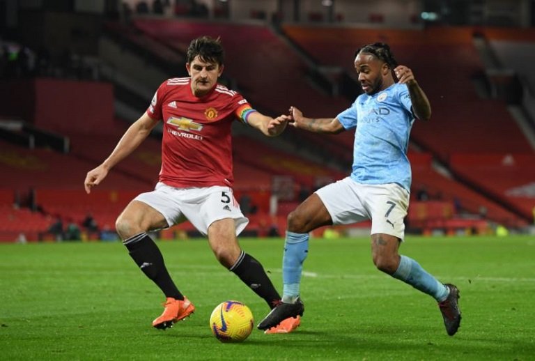 Harry Maguire stops Raheem Sterling as Manchester United played a drab draw with Manchester City
