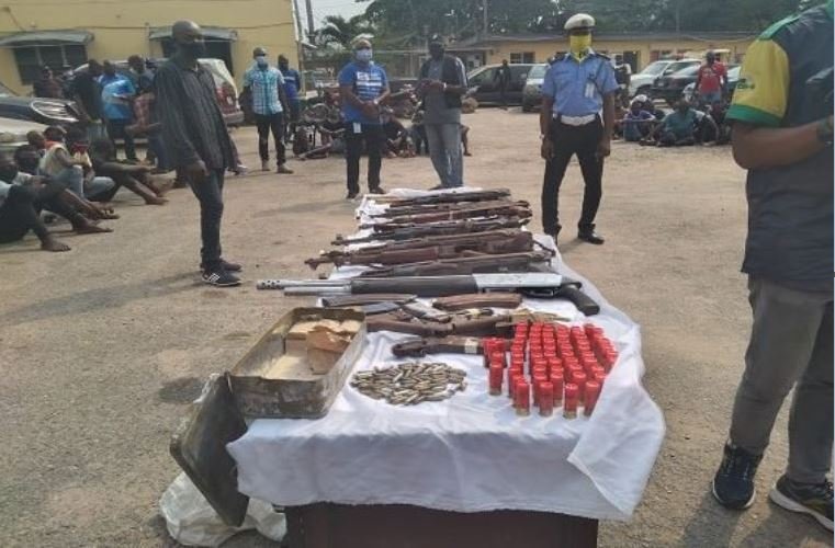 Some of the recovered rifles by the Lagos State Police Command on display EndSARS