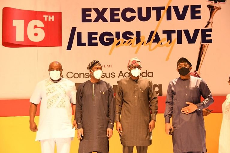 From R-L: Speaker, House of Representatives, Rt. Hon. Femi Gbajabiamila; Lagos State Governor, Mr. Babajide Sanwo-Olu; Deputy Governor, Dr. Obafemi Hamzat and Speaker, Lagos House of Assembly, Rt. Hon. Mudashiru Obasa during the opening of a three-day Executive/Legislative parley with the theme: A consensus Agenda for Rebuilding Lagos, at the Eko Hotels and Suites, Victoria Island, on Friday, February 26, 2021.