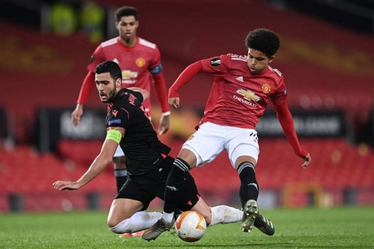 Shola Shoretire replaced Mason Greenwood in the second half for his Manchester United debut in the Europa League