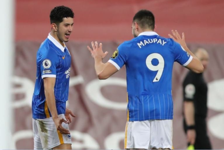 Steven Alzate scores his first goal for Brighton against Liverpool