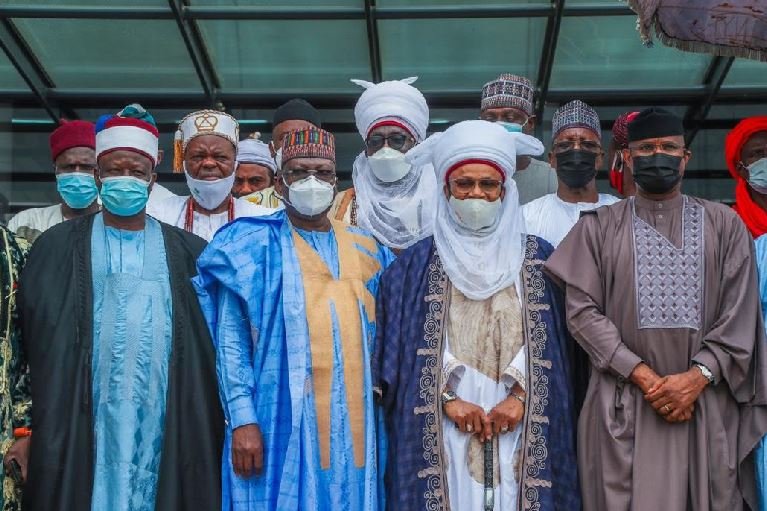L - R Emir of Lafia, His Royal Highness, Justice Sidi Dauda Bage; President of the Senate, Ahmad Lawan; the Etsu Nupe, His Royal Highness, Alhaji (Dr.) Yahaya Abubakar; and Deputy President of the Senate, Ovie Omo-Agege after a meeting between the Constitution Review Committee and the National Council of Traditional Rulers of Nigeria on Thursday in Abuja.