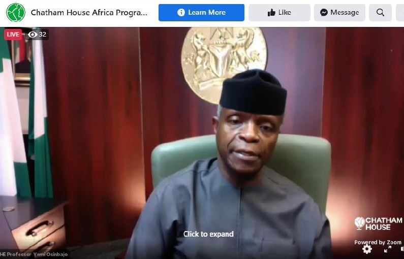 Vice President Yemi Osinbajo speaking during a Chatham House webinar on 23 March 2021