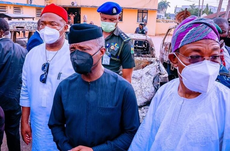 VP Osinbajo on an on-site inspection of the destroyed Imo prison and Police Headquarters