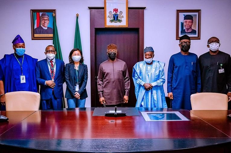 Vice President Yemi Osinbajo SAN receives a mission debrief from AFDB Officials on the Industrial Zone led by Toda Atsuko- Acting Vice President, Agriculture, Human and Social Development at the State House, Abuja