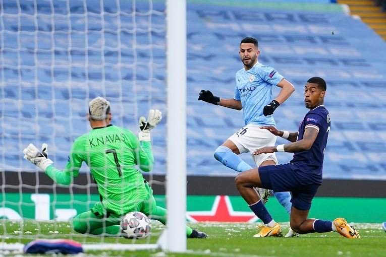 Riyad Mahrez scored twice as Man City beat PSG to reach Champions League final