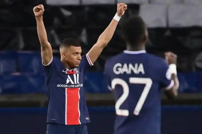 Paris Saint-Germain’s Kylian Mbappé celebrates after the team knocked out Bayern Munich in a Champions League quarter-final last season on away goals