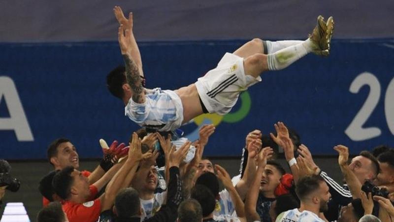 Lionel Messi was thrown in the air by his team-mates at full-time