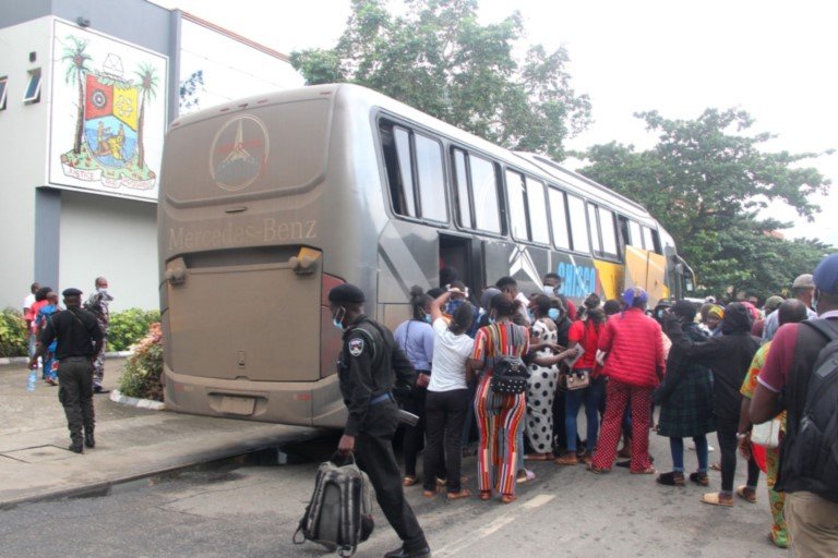 First set of Lagos student evacuees from Jos shortly after their arrival at the State Secretariat, Alausa, Ikeja, on Friday, August 27,