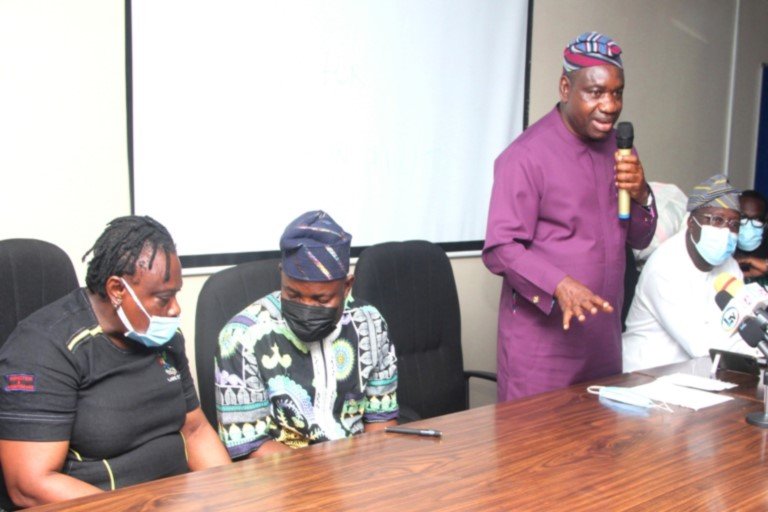 Chief Press Secretary to Governor Sanwo-Olu, Mr. Gboyega Akosile; representative of the Governor, Commissioner for Information and Strategy, Mr. Gbenga Omotoso; Permanent Secretary, Office of the Special Adviser to the Governor on Education (OSAE), Mr. Kasali Adeniran and Director Monitoring, OSAE, Funmilola Olajide addressing the first set of Lagos studentevacuees from Jos shortly after their arrival, at the State Secretariat, Alausa, Ikeja, on Friday, August 27, 2021