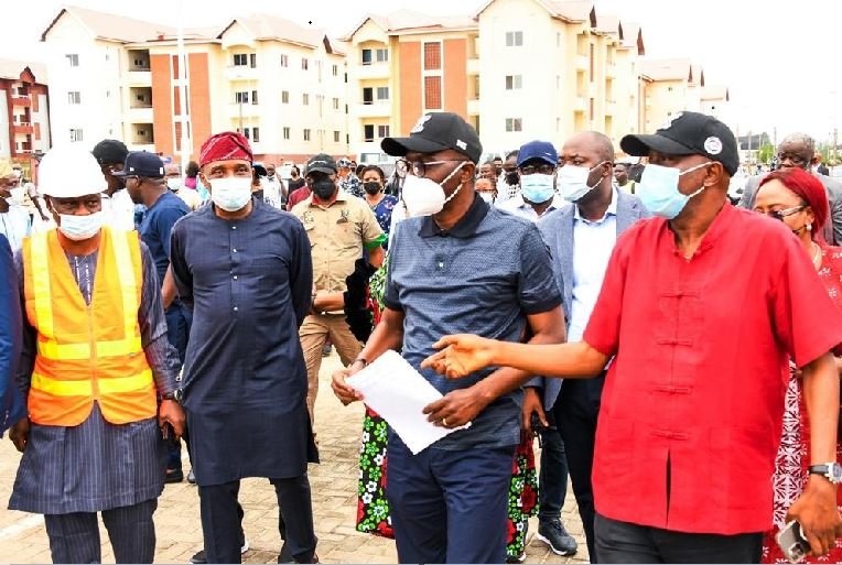 L-R: Permanent Secretary, Ministry of Housing, Mr. Wasiu Akewusola; Commissioner for the Environment & Water Resources, Mr. Tunji Bello; Lagos State Governor, Mr. Babajide Sanwo-Olu and Commissioner for Housing, Mr. Moruf Fatai-Akinderu during an inspection of LagosHOMS Sangotedo Housing project in Eti Osa, on Friday, September 17, 2021.