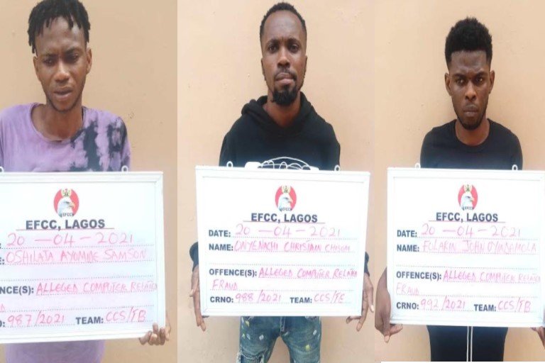Some of the suspects arrested in a sting operation at Second Gate Estate, Oke-Iranla, Ajah, Lekki, and Victoria Garden City, VGC, Lagos on April 19 and April 20, 2021