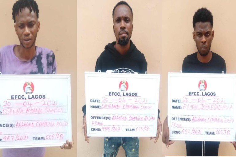 Some of the suspects arrested in a sting operation at Second Gate Estate, Oke-Iranla, Ajah, Lekki, and Victoria Garden City, VGC, Lagos on April 19 and April 20, 2021
