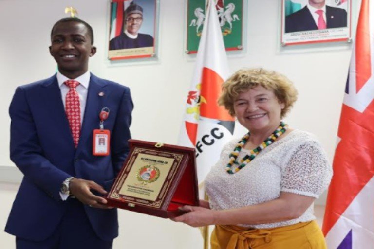 Chairman of the EFCC, Abdulrasheed Bawa and United Kingdom High Commissioner to Nigeria, Catriona Laing