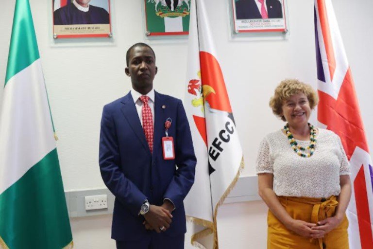Chairman of the EFCC, Abdulrasheed Bawa and United Kingdom High Commissioner to Nigeria, Catriona Laing