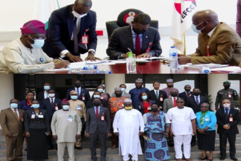 Vice Chancellor of NOUN, Professor Olufemi Peters and EFCC Chairman, Abdulrasheed Bawa