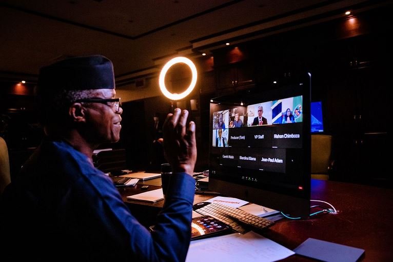 VP Osinbajo during the virtual panel discussion yesterday with the Tanzanian President Samia Suluhu Hassan, Mr Tony Blair, and the Executive Secretary, UN-ECA, Dr. Vera Songwe