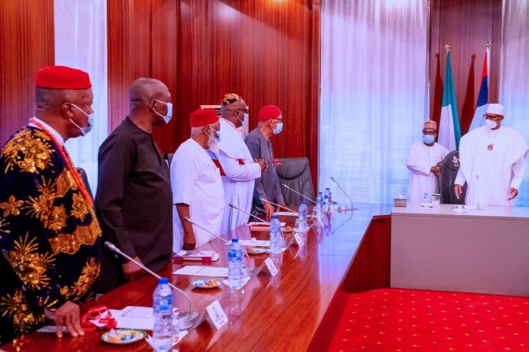 President Muhammadu Buhari in a meeting with respected leaders from the South East at the State House in Abuja on November 19, 2021.