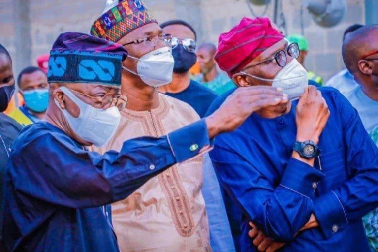 Lagos State Governor, Babajide Sanwo-Olu, Asiwaju Bola Ahmed Tinubu and Nasarawa State governor, Abdullahi Sule visit the site of the Ikoyi building collapse
