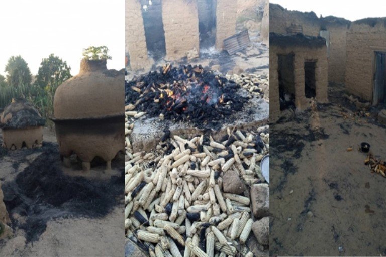 The burnt houses and crops after the attack by herdsmen on Te’ege village in Plateau State on Friday