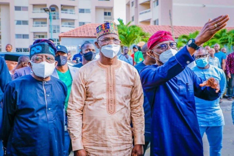 Lagos State Governor, Babajide Sanwo-Olu, Asiwaju Bola Ahmed Tinubu and Nasarawa State governor, Abdullahi Sule visit the site of the Ikoyi building collapse