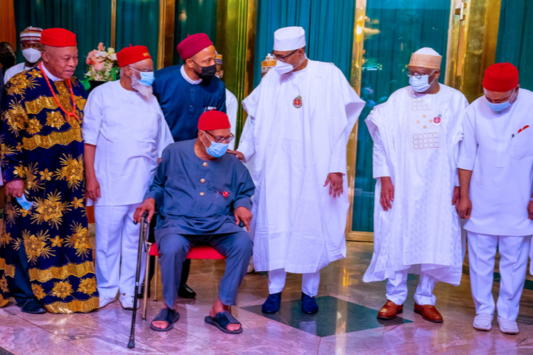 President Muhammadu Buhari in a meeting with respected leaders from the South East at the State House in Abuja on November 19, 2021.