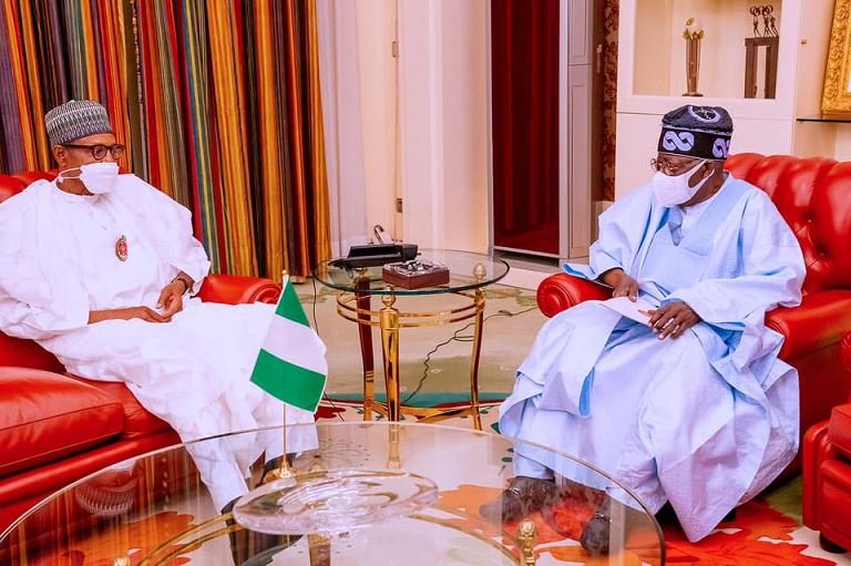 President Muhammadu Buhari receives Asiwaju Bola Tinubu at the State House in Abuja on Monday