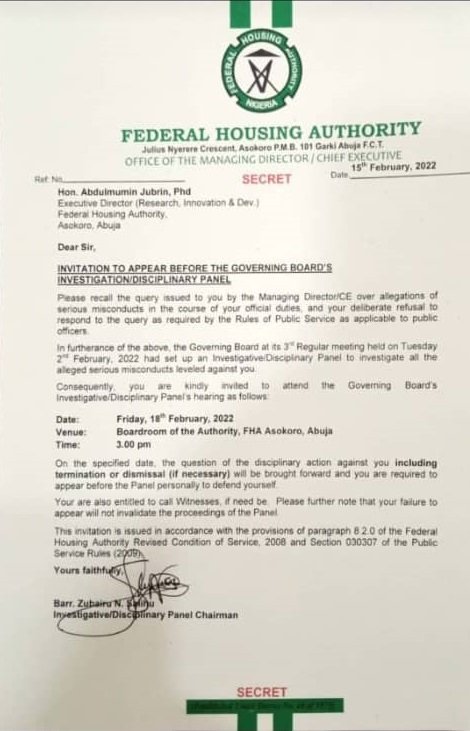 FHA Letter to Hon Abdulmumin Jibrin