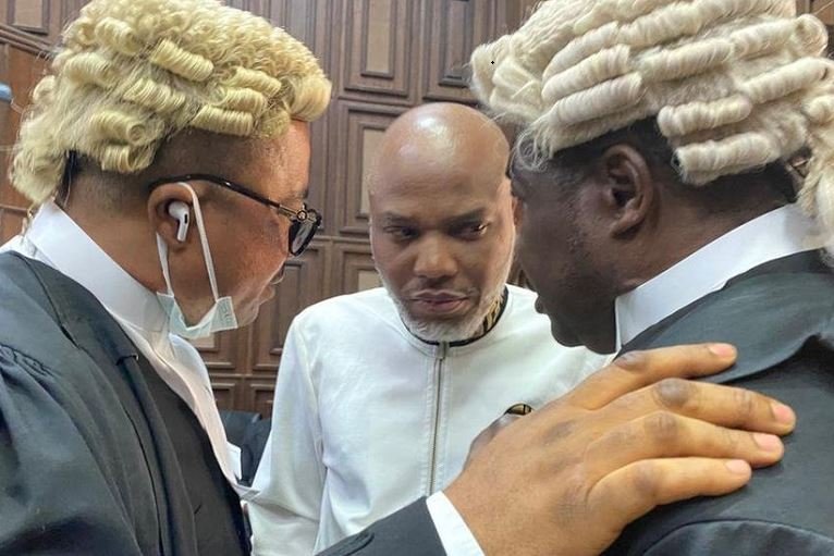 Nnamdi Kanu in court with his lawyers on 16 February 2022