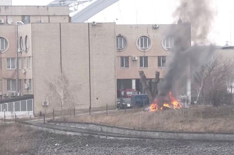 Smoke rises as a fire burns on the premises of the Ukrainian Defence Ministry's unit, in Kyiv, Ukraine