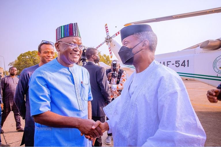 Vice President Yemi Osinbajo SAN received by Governor Ortom of Benue State at the Benue Airport on Saturday