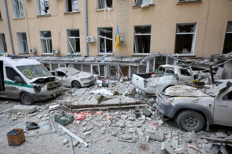 A view shows a courtyard of the regional administration building, which city officials said was hit by a missile attack, in central Kharkiv, Ukraine