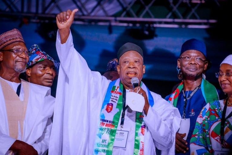 Abdullahi Adamu addressing the APC convention after he emerged national chairman Tinubu