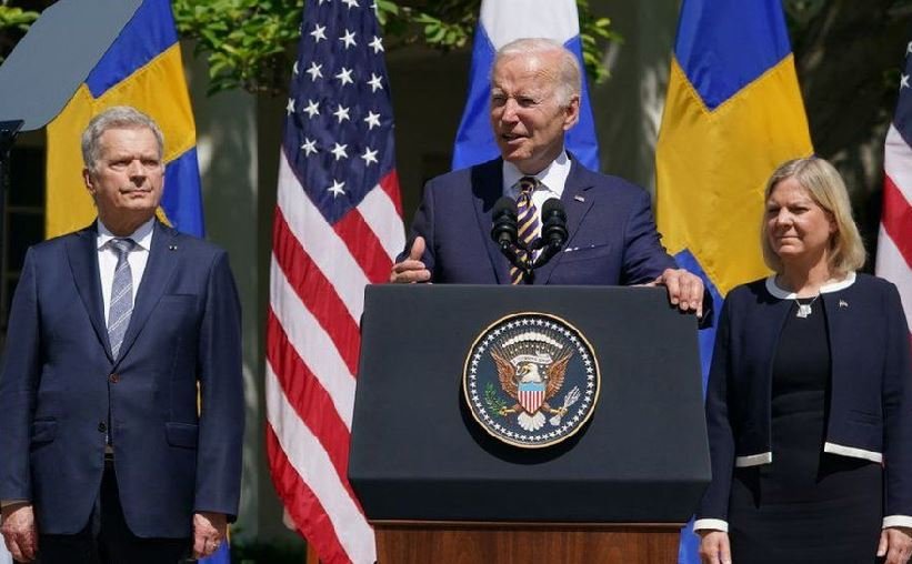 US President Joe Biden alongside Sweden's Magdalena Andersson and Finland's Sauli Niinisto on Thursday NATO covid