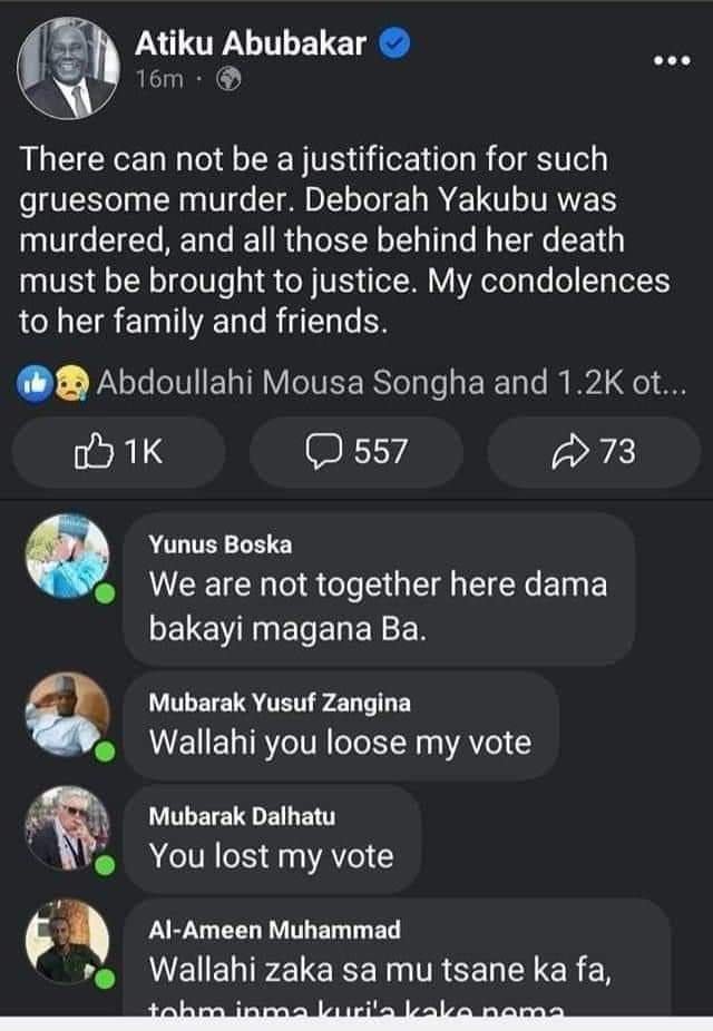 Atiku Abubakar deletes tweet on Deborah Samuel