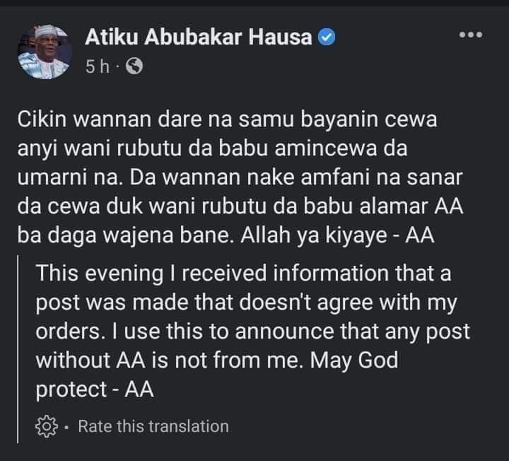 Atiku Abubakar wrote on his Facebook page