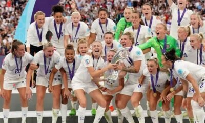 England lift the European Championship trophy after beating Germany in the final at Wembley