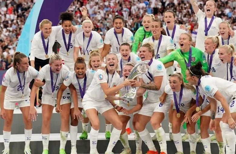 England lift the European Championship trophy after beating Germany in the final at Wembley