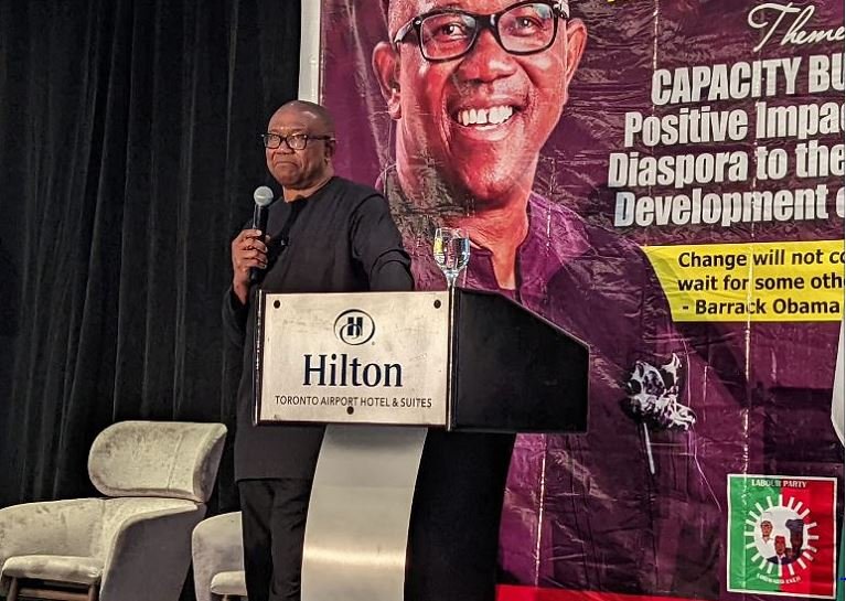 Peter Obi speaking at a townhall meeting in Toronto, Canada