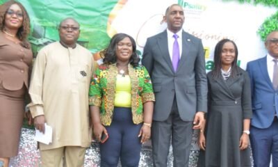 L-R: Group Head, Emerging Corporates (Corporate Banking Division), First City Monument Bank (FCMB), Mrs. Theresa Onwuasoanya; Manufacturing Director, Unilever Nigeria, Mr. Abayomi Alli; Founder/CEO, Psaltry International Company Limited, Mrs. Oluyemisi Iranloye; Executive Director, Wholesale Banking, FCMB, Mr. Obaro Odeghe; Senior Manager Procurement, Unilever Nigeria, Mrs. Olutosin Ayorinde and Deputy Director and Secretary to the Board of Agriculture Credit Guarantee Scheme Fund of the Central Bank of Nigeria, Mr. Edwin Nzelu, during the commissioning of Psaltry’s sorbitol factory, in partnership with Unilever Nigeria and FCMB, at Iseyin, Oyo State.