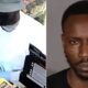A still shot of Charles Chukwuma Onwuemelie 'Blue Cloth Bandit' robbing on the left and a mugshot of the armed robber on the right