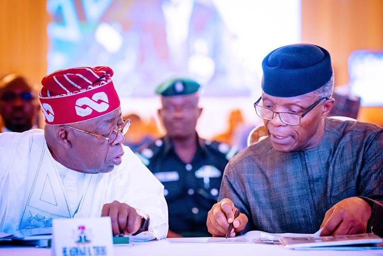 OCJ Okocha Asiwaju Bola Tinubu, the All Progressives Congress presidential candidate and Vice President Yemi Osinbajo at the ministerial retreat in Abuja