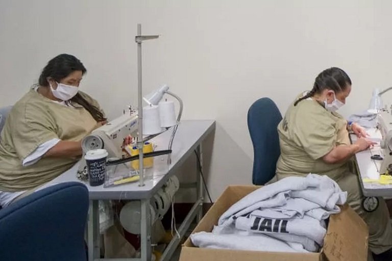 Inmates in California sew Covid masks in April 2020 in modern day slavery