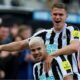 Newcastle United's Bruno Guimaraes celebrates scoring their third goal with Sven Botman